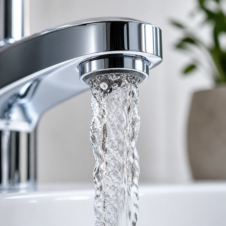 Close up image a basin tap producing water